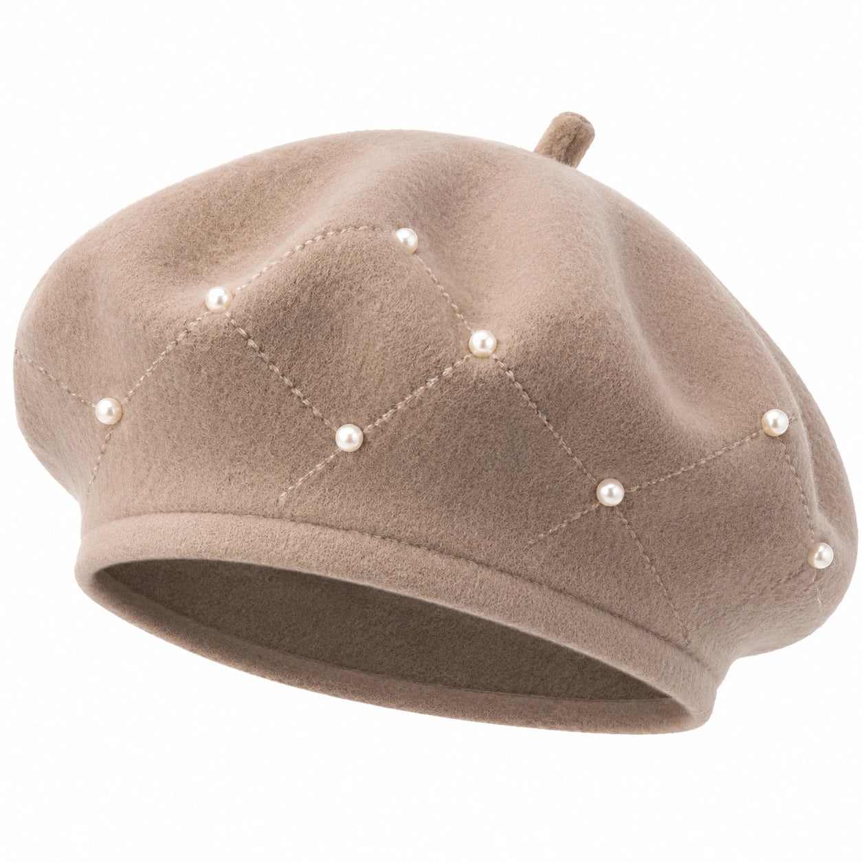 Damen Baskenmütze mit Perlen Beige