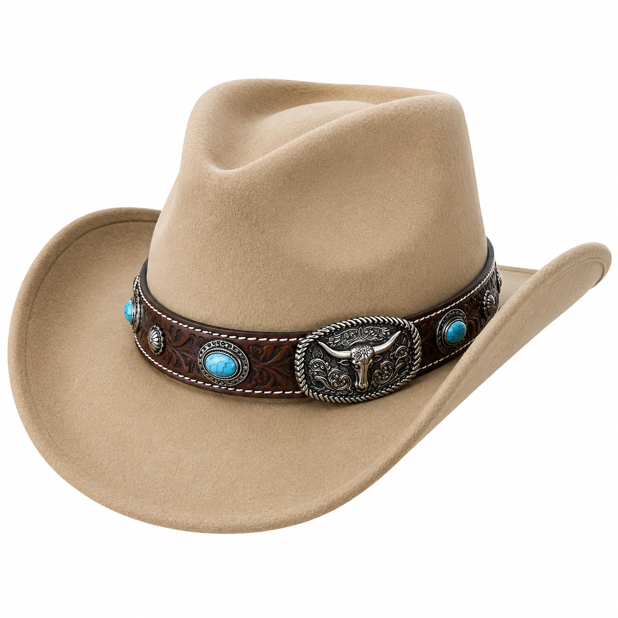 Beiger Cowboyhut mit Türkis-Verzierungen