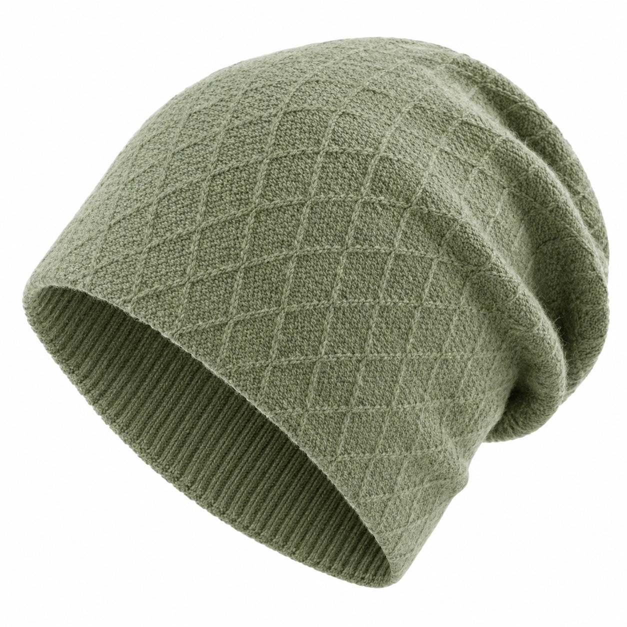 Unisex Beanie Mütze mit Rautenmuster in Olivgrün