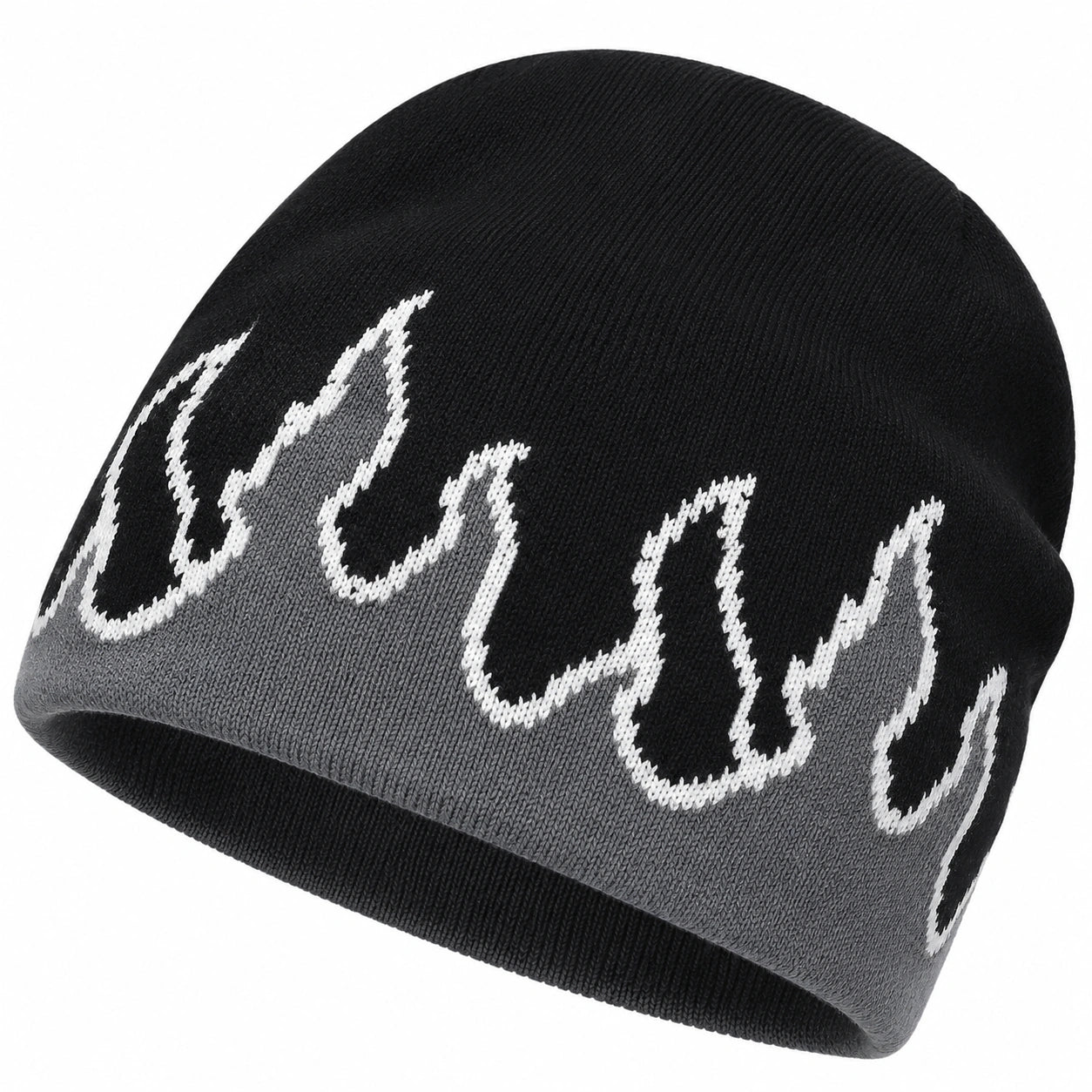 Schwarz-Grau-Weiße Strickmütze mit Flammenmuster