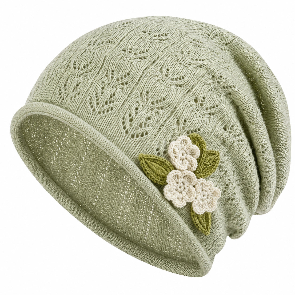 Damen Strickmütze mit Häkeldetail in Hellgrün
