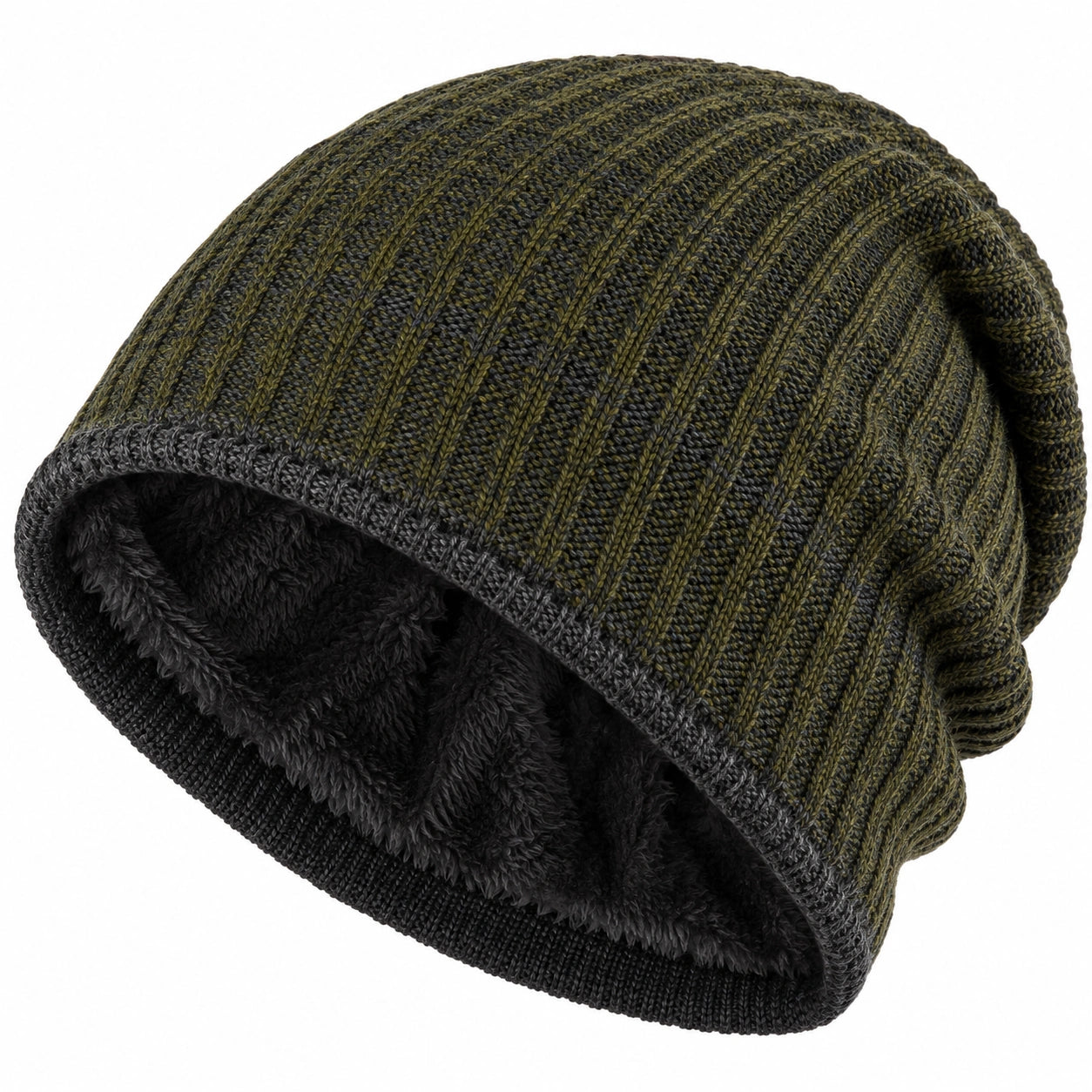 Winter Beanie Mütze mit Fleece-Futter in Khaki und Grau
