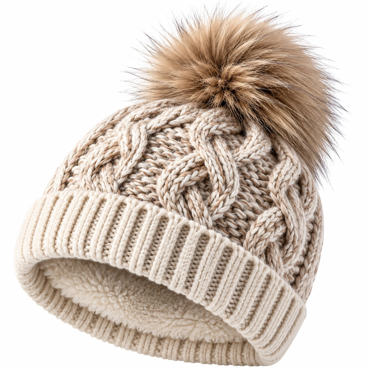 Warme Strickmütze mit Bommel Zopfmuster Beige